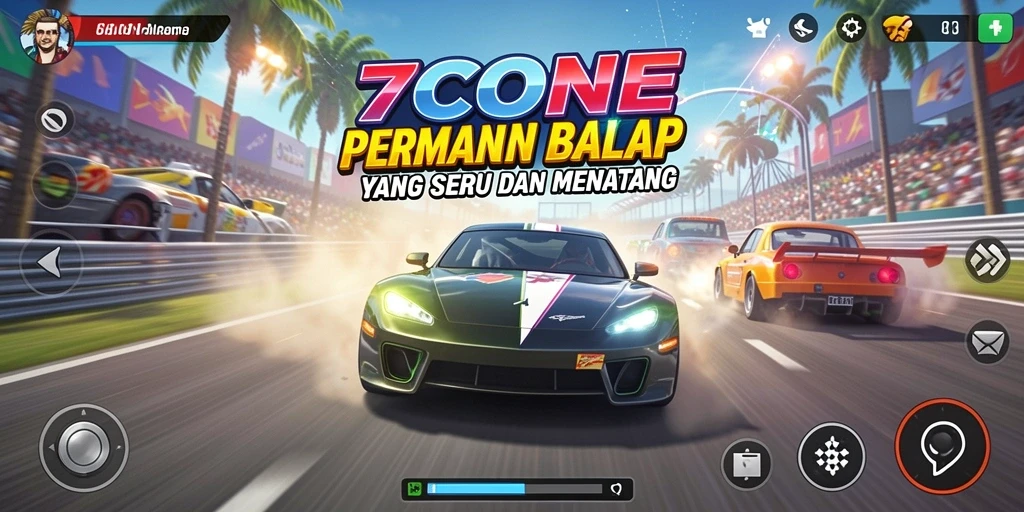 Screenshot utama 7CONE menampilkan aksi balapan yang intens dan grafis menawan.