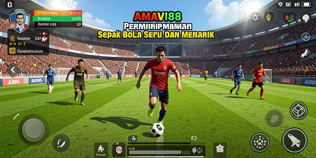 Screenshot gameplay AMAVI88 menunjukkan aksi sepak bola yang seru.