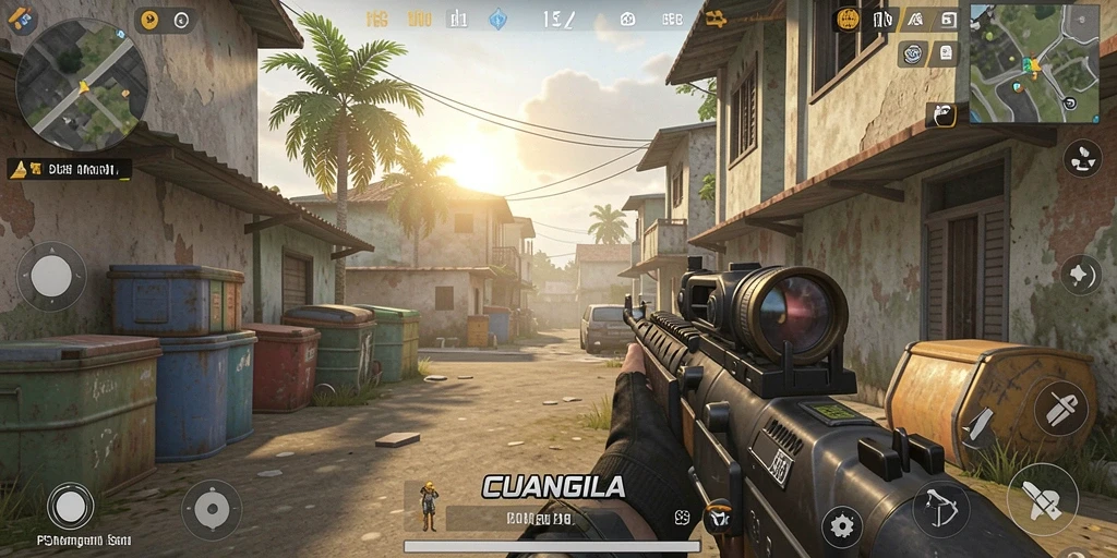 Screenshot utama menunjukkan aksi intens dalam pertandingan FPS.