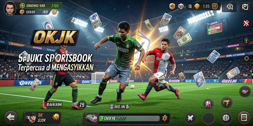 Screenshot gameplay OKJK menunjukkan antarmuka taruhan olahraga yang menarik.