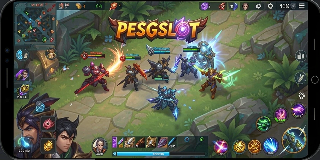 Tampilan gameplay seru dalam PESGSLOT, menampilkan pertarungan karakter MOBA.
