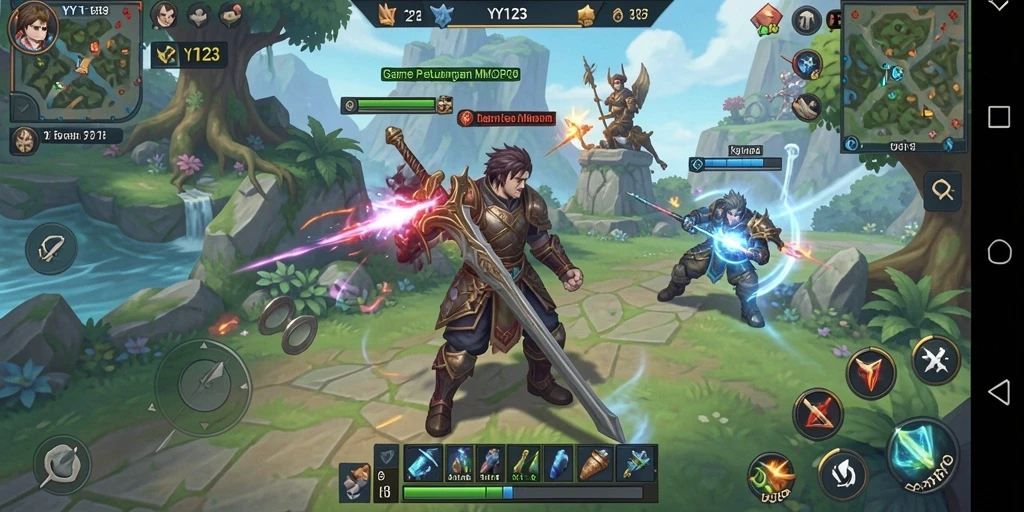 Gameplay YY123 yang dinamis dalam dunia MMORPG yang luas.